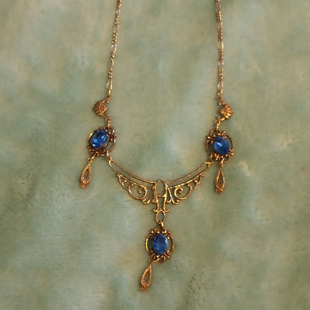 Vintage Sadie Green necklace antique looking with blue gems 18 inches